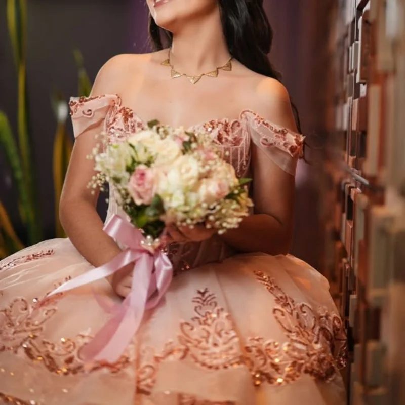

Shiny light pink Quinceanera Dress Crystal Glitter Decal Lace layering Bow Long tail Vestidos De 15 Quinceanera ﻿Customize