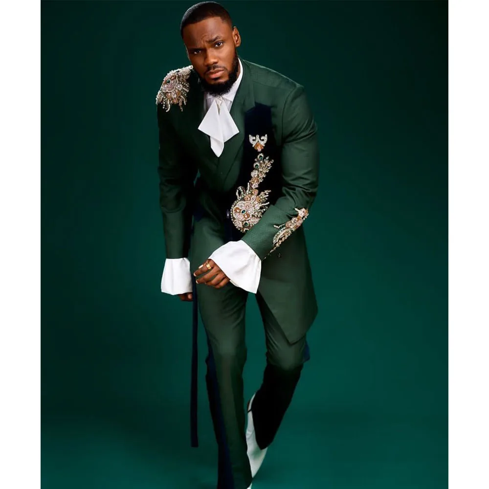 

Dark Green Men's Suits Gold Appliques Beading Pearls Slim Fit Wedding Groom Banquet Suit