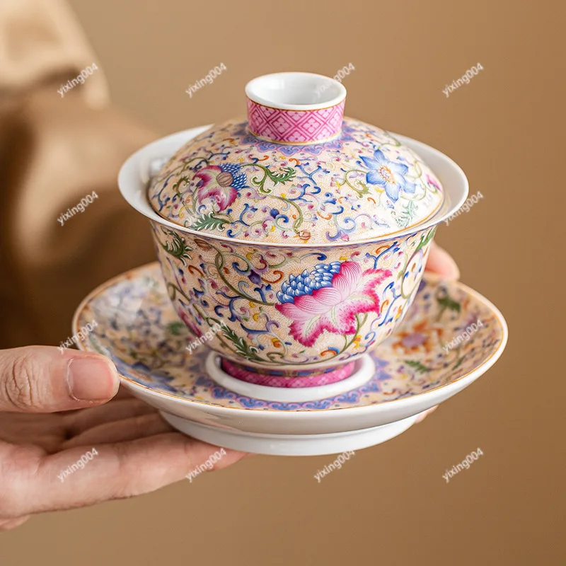 Three‑Piece Ceramic Tea Bowl, Enamel Pattern Gaiwan for Household Gongfu Tea Making