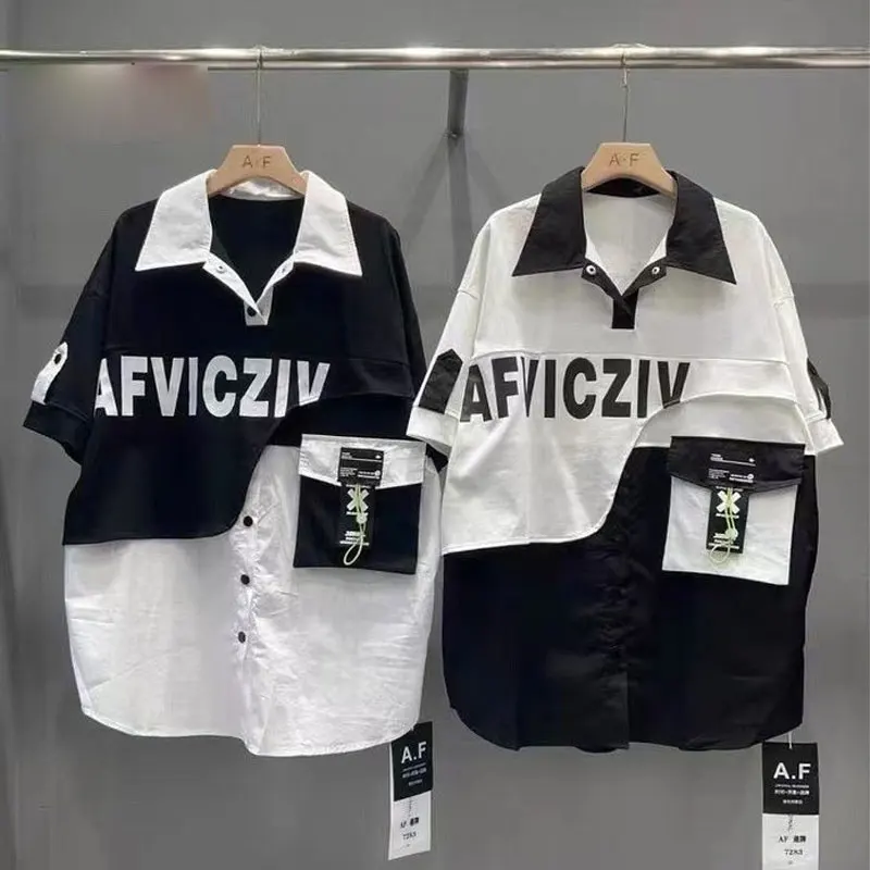 Blusa feminina com letra impressa, gola casual virada para baixo, camisa assimétrica elegante, streetwear patchwork, botão, roupa de verão, nova