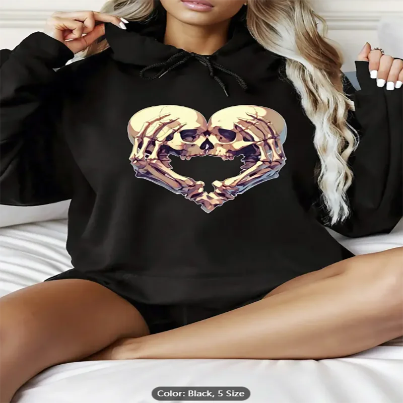 

Женская черная толстовка с капюшоном в виде скелета и сердца с графическим принтом, повседневный пуловер большого размера, топ для любителей острых стилей, удобный чистый хлопок