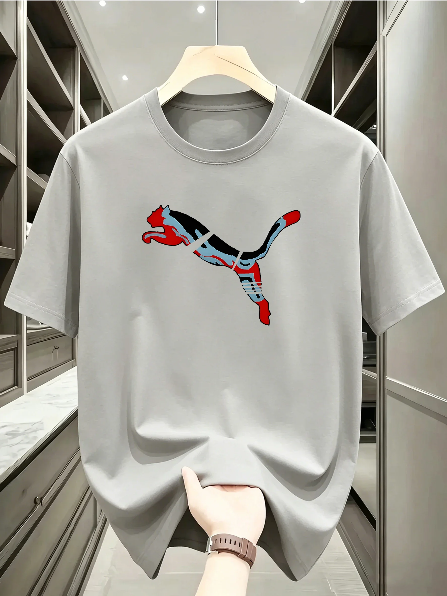 Summer Men's Sports Quick Drying Mesh T-shirt, Animal Pattern Fashionable and Simple Round Neck Short Sleeved Casual Top
