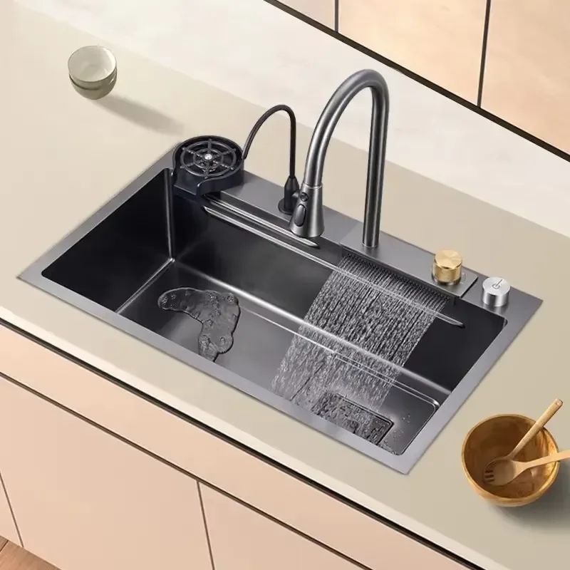 FY Black Stainless Steel Smart Waterfall Kitchen Sink Multifunctional Luxury Modern Large For Home Apartment