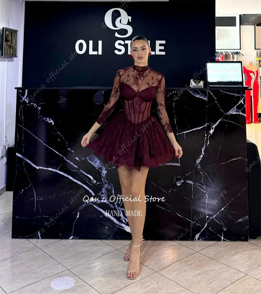 Qanz Burgundy Prom Dresses Women Lace Appliques Illusion Mini Robes De Cocktail Sleeveless Short Birthday Dresses Customized