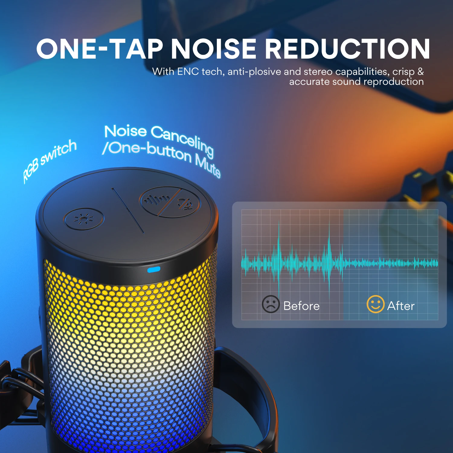 USB-микрофон Maono Gamerwave DGM20, игровой конденсаторный микрофон RGB, микрофон с шумоподавлением и усилением микрофона, разноцветный, одна кнопка для отключения звука