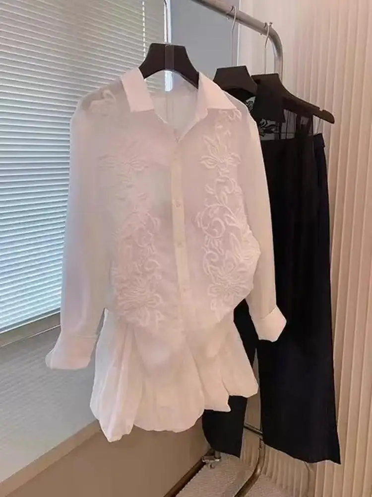 

Faionable Simple White Collar Long Sve irt Men Women Spring Autumn Sli Casual High-End Feeling Leisure irt