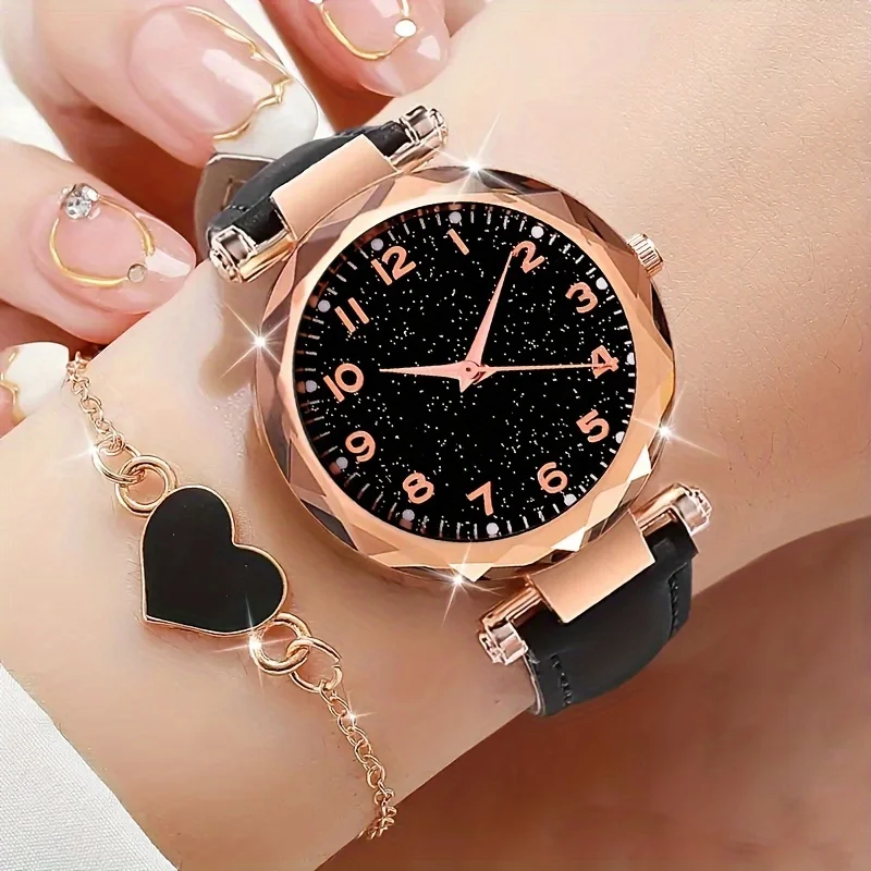 

2pcs Ladies Round Quartz Watch Pointer PU Leather Quartz Watch With Heart Shaped Bracelet Gifts For Eid