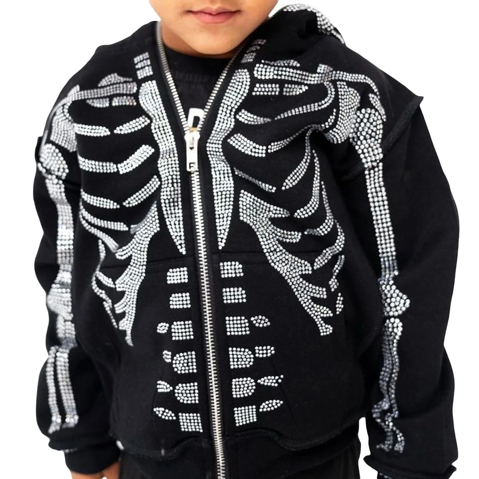 

2024 Autumn/Winter New Youth Street Hoodie Skeleton Water Diamond Zipper Hoodie
