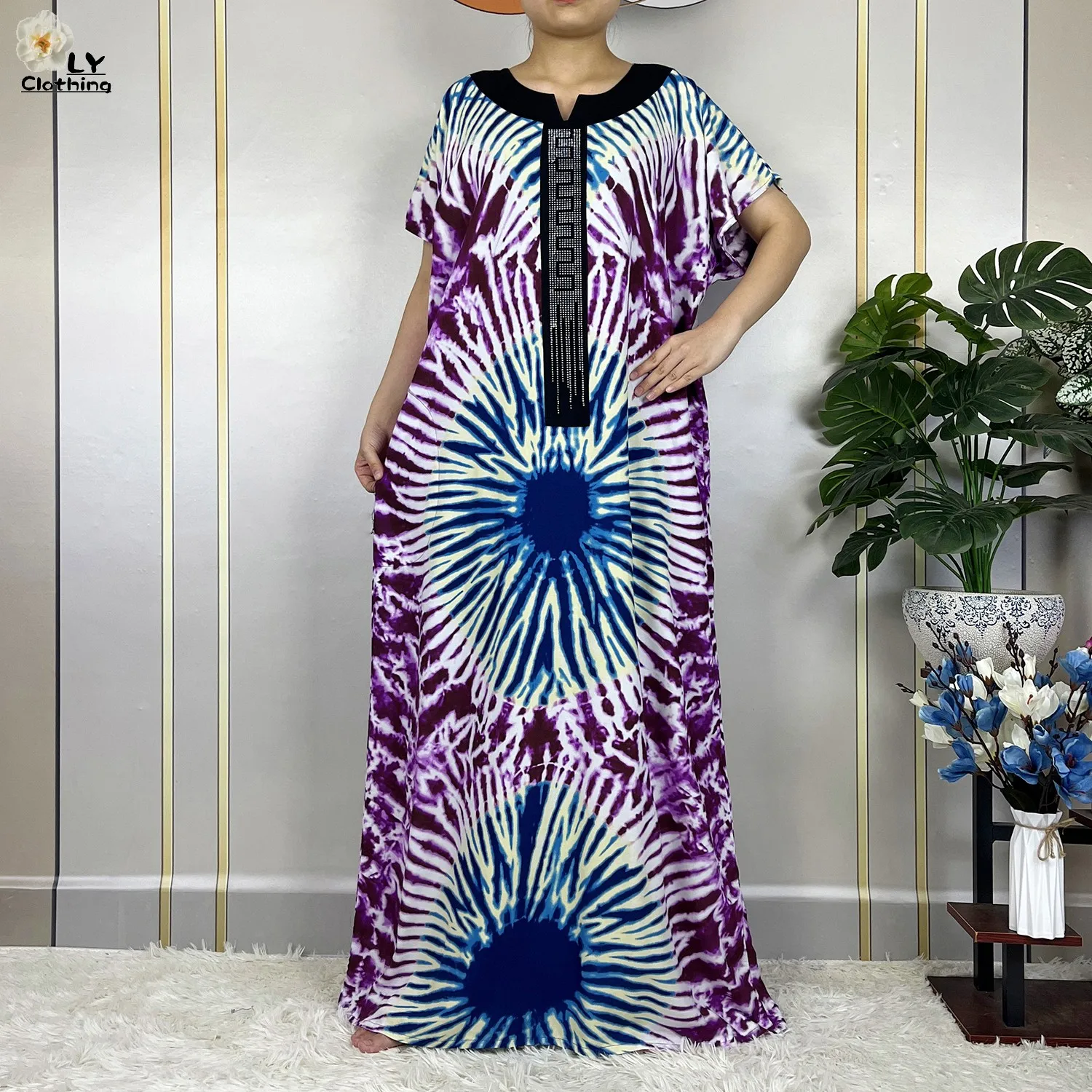 2023New Dubai Muslim Summer Fashion Short Sleeve Dress Women Cotton Loose Maxi Robe Floral Tie-dyed Femme African Abaya Clothing