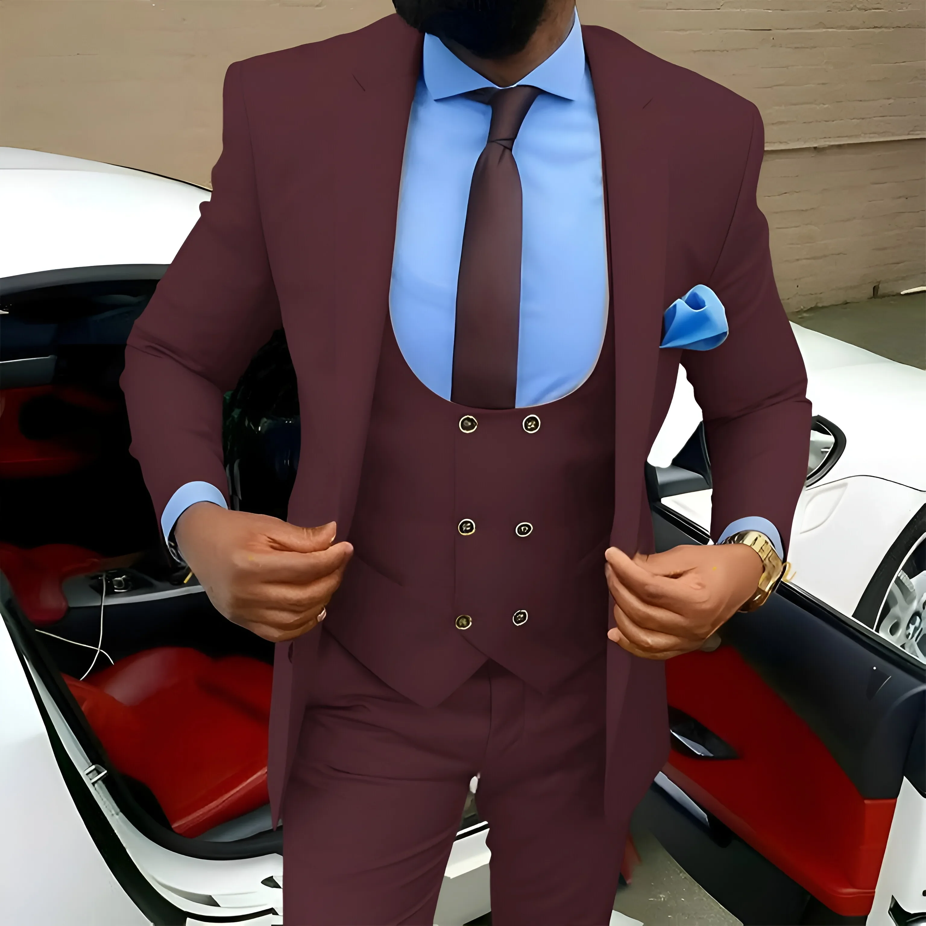Traje de 3 piezas para hombre, chaqueta marrón dorada, chaleco, pantalones, conjunto ajustado, ropa Formal elegante para fiesta