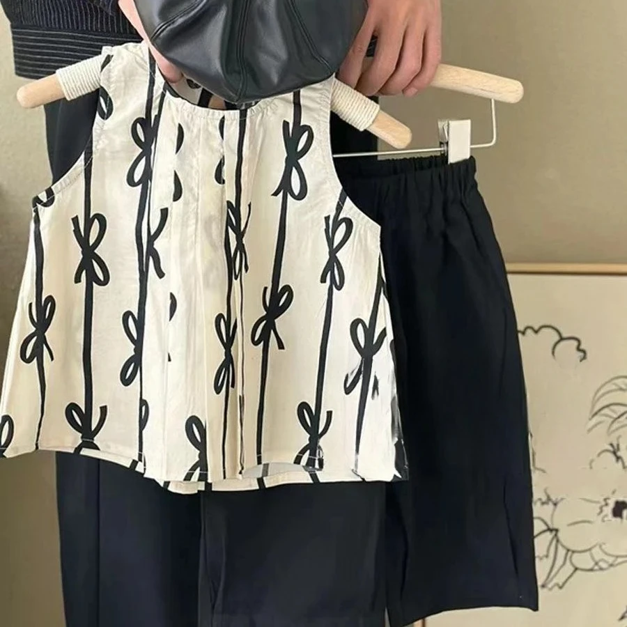

Summer Casual Set Girl's Printed Sleeveless Vest+solid Color Casual Pants Two-piece Set Girl's Loose Casual Set Girls Clothes