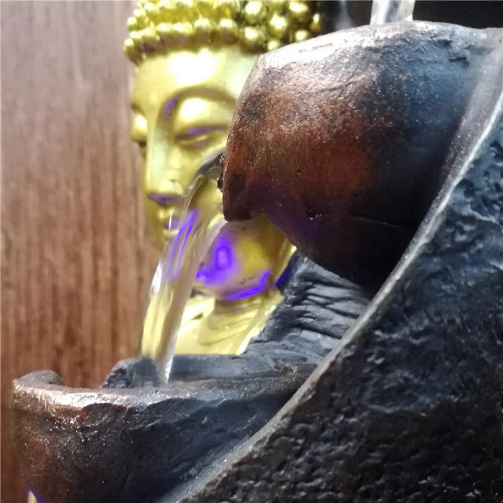 Sitting Buddha Waterfall Fountain Tabletop Decor with LED Lamp for Bedroom Home Office Feng Shui Meditation Relaxing Sound