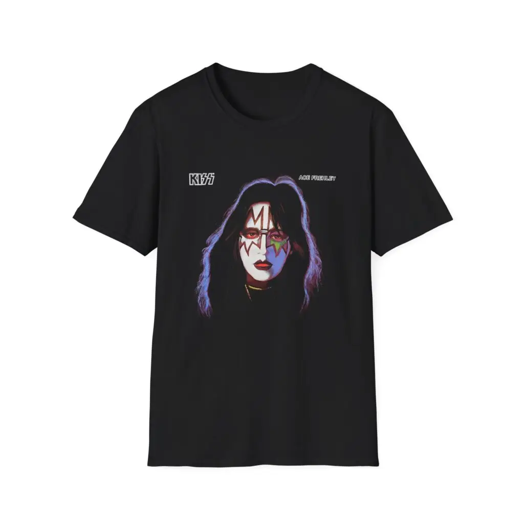 Camiseta temática com retrato KISS Ace Frehley: base preta com pintura facial icônica e logotipo da banda Design Fan Merch Camiseta feminina e masculina