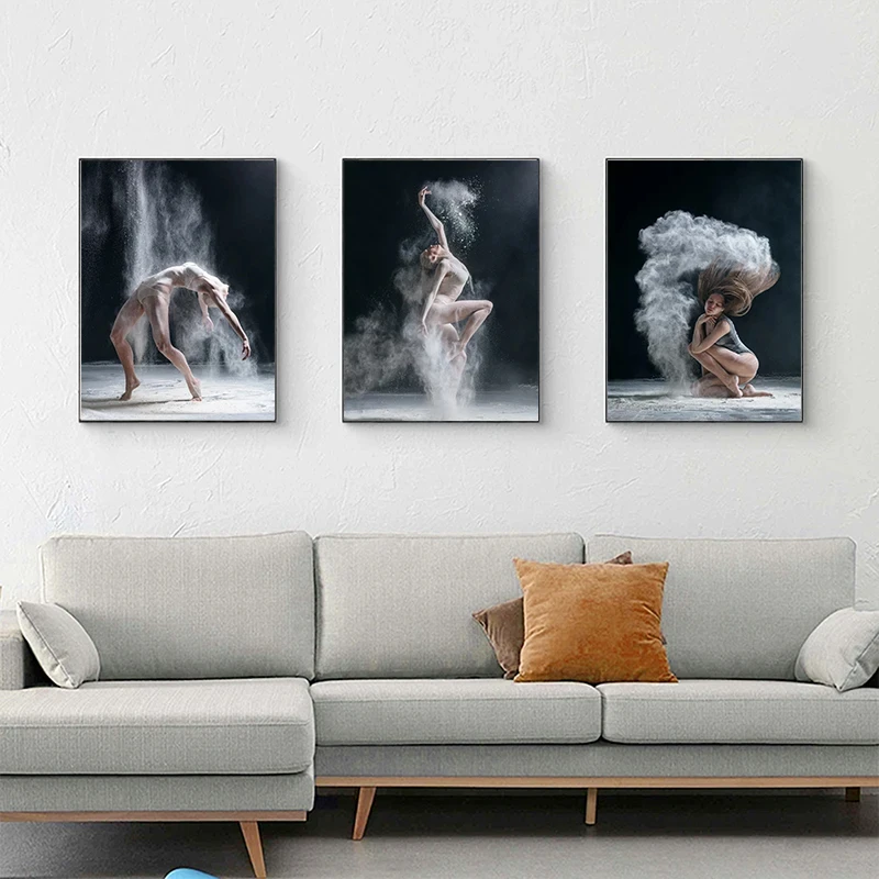 Dancing Woman Powder Flying Elegant Dance Pose Wall Art Canvas Painting Nordic Posters And Prints Pictures For Living Room Decor