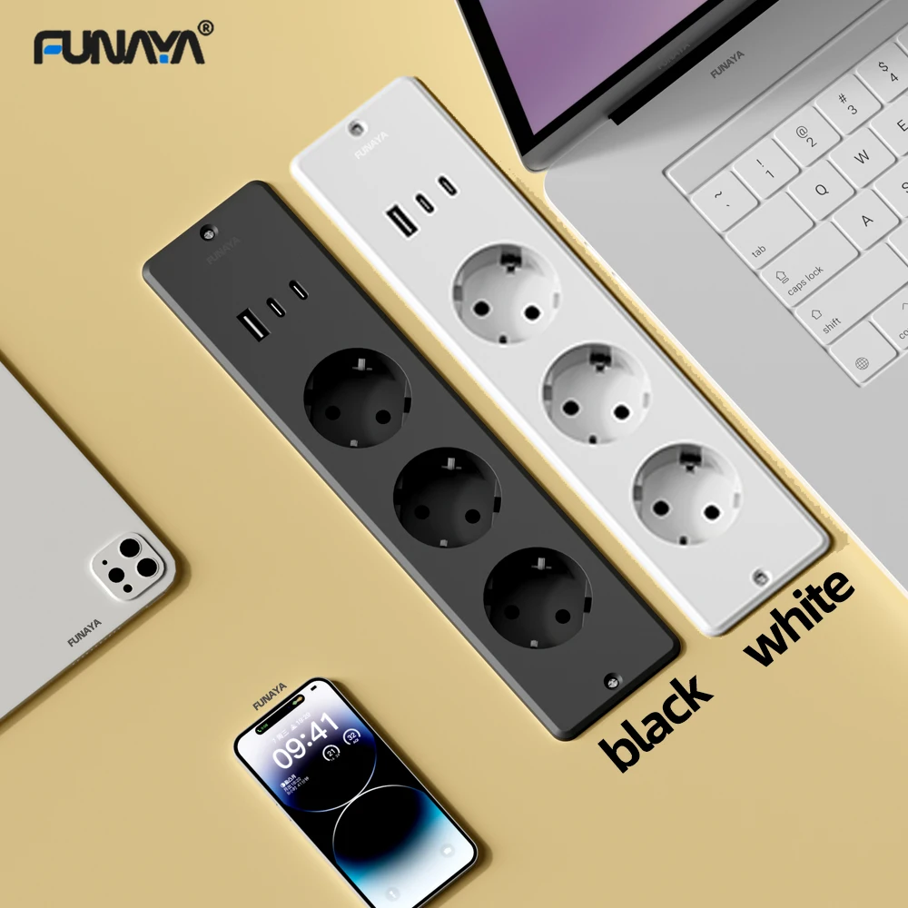 FUNAYA EU KR enchufe de escritorio oculto incorporado con toma de corriente USB tipo c muebles de oficina enchufe de extensión con múltiples ranuras