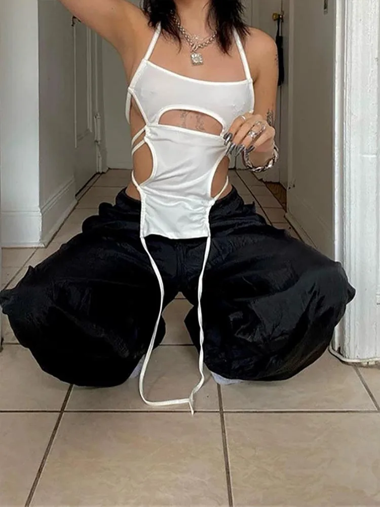 Sexy neck hanging suspender women's top Y2K strap design hollow suspender top 2025 summer new