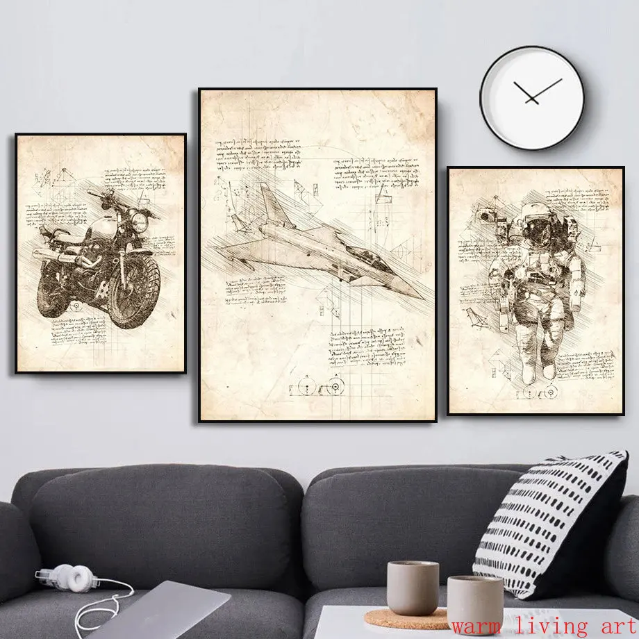 Vintage Sketch Classic Cars Airplane Astronaut Sailboat Poster Wall Art Motorsport Bike Motorcycle Canvas Painting Home Decor