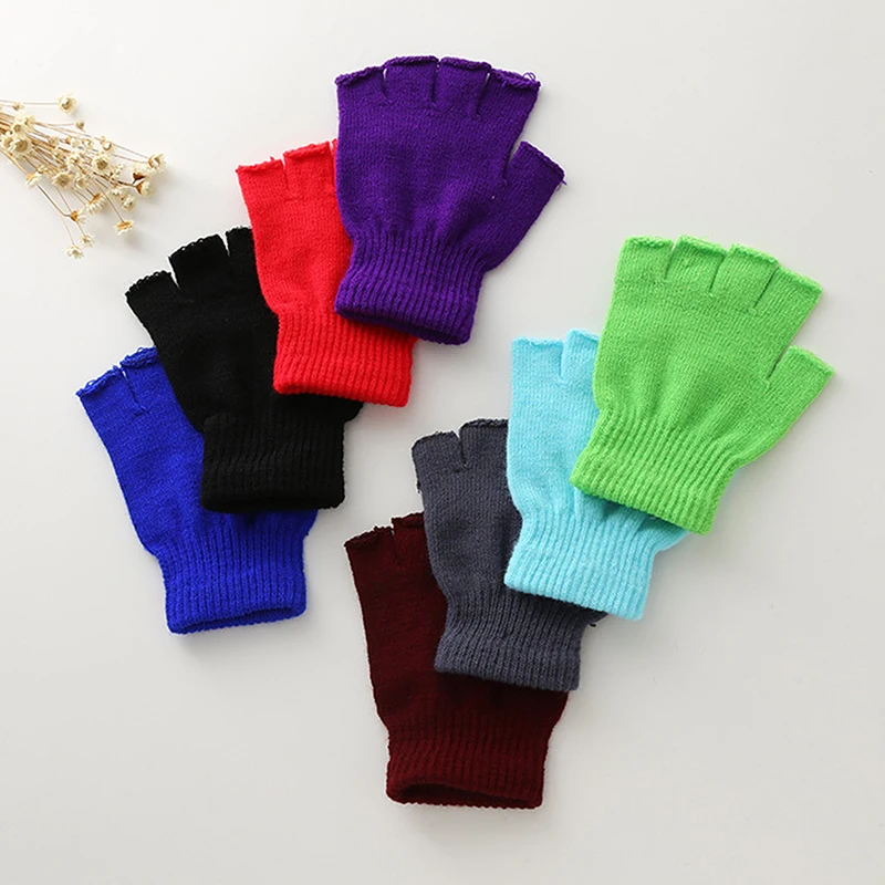 Unisex Knitted Stretch Gloves Winter Warm Half Finger Mittens Women Men Fingerless Gloves Solid Color Outdoor Cold Proof Gloves