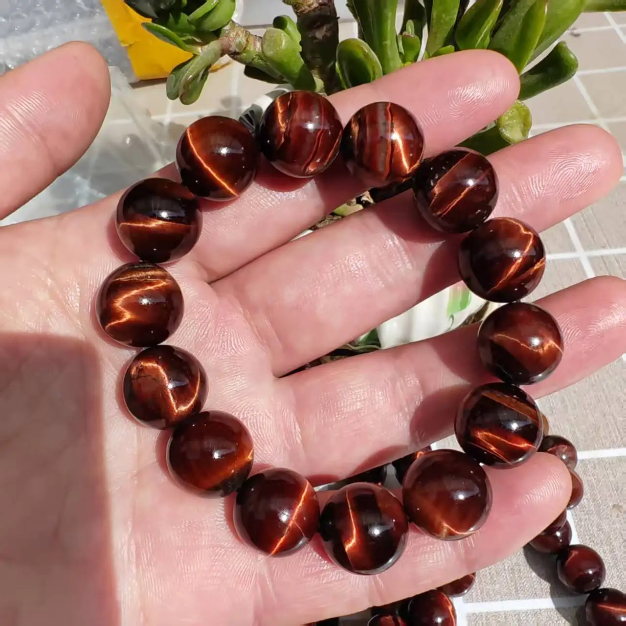 

15mm Natural Red Tiger Eye Gemstone Round Bead Woman Man Stretch Bracelet