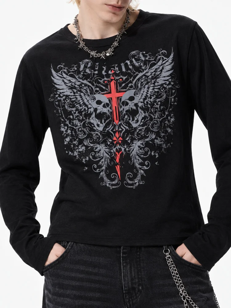 Fall Men Women Dark wear Waffle Knit Long Sleeve Tee Skull Cross & Wing Graphic Print Crew Neck Loose Fit Gothic Street Top