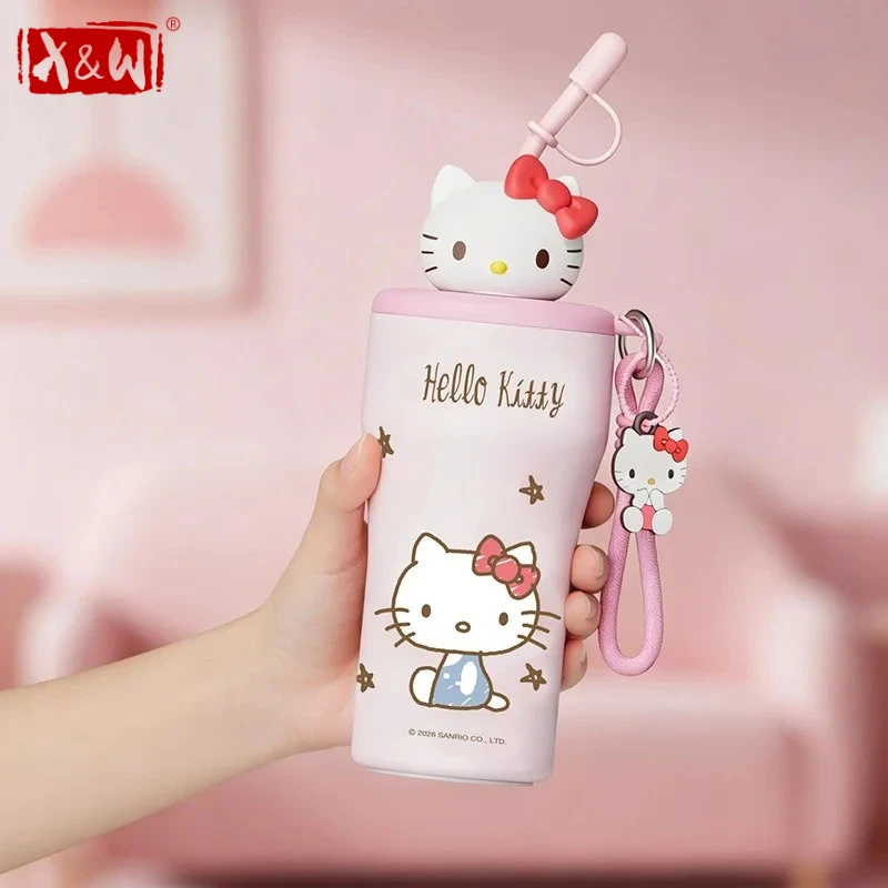 X&W Sanrio 630ml Insulated Cup Stainless Steel Hello Kitty Coffee Mug with Straw & Rope Keep Cold and Hot Car Vaccum Flask Gift