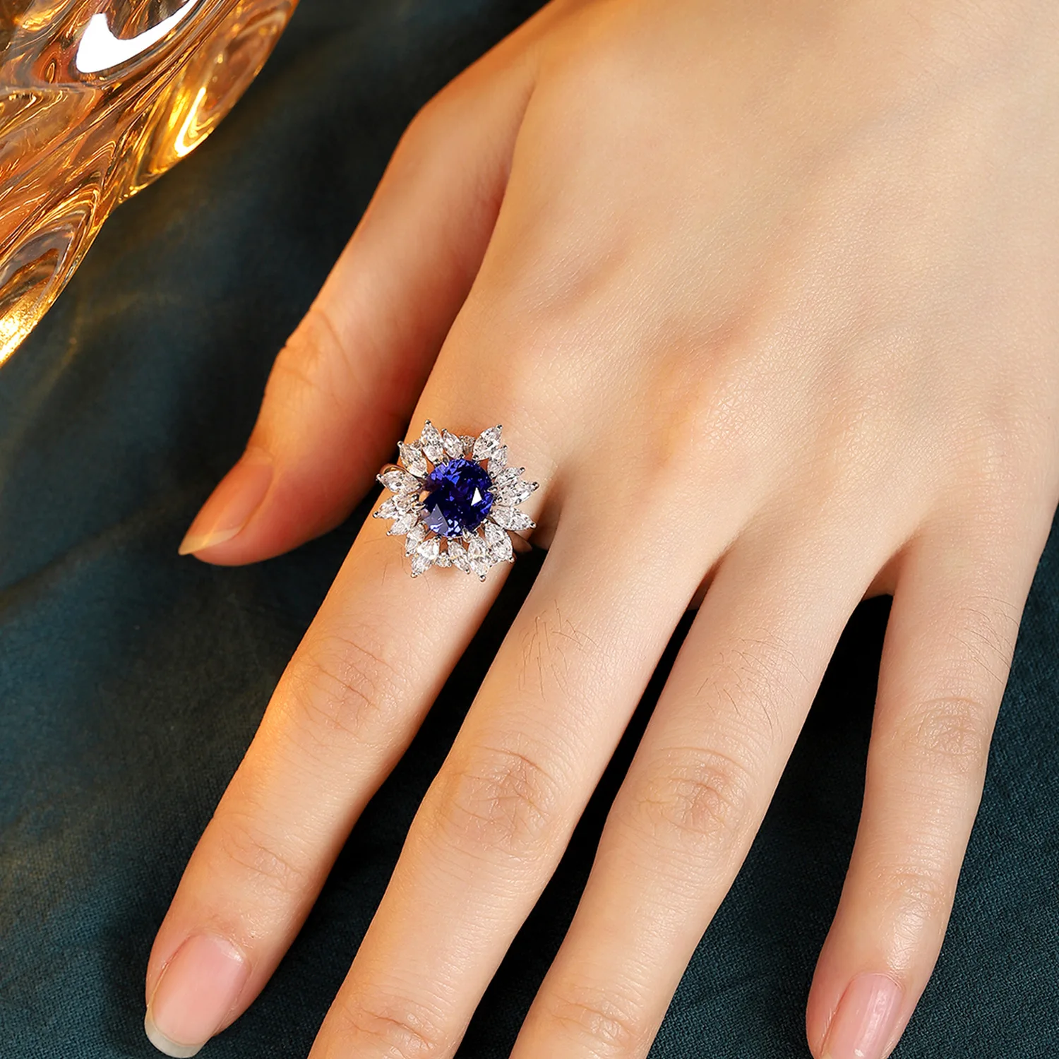 MUSHAN Custom Jewelry 925 Sterling Silver Ring Lab Blue Ruby Round Party Ring for Women 18K Gold Plated Anniversary Rings