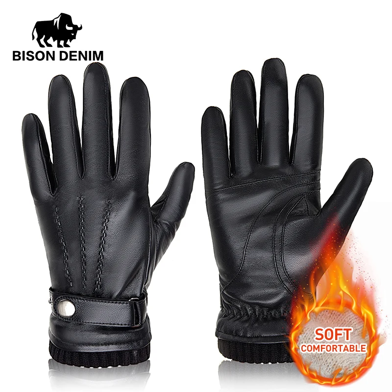 2024 BISON DENIM Men\'s Sheepskin Gloves Fashion Cashmere Lined Touchscreen Full Finger Mittens Winter Warm Riding Driving Gloves