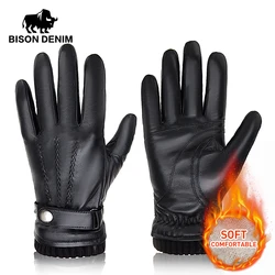 2024 BISON DENIM Men's Sheepskin Gloves Fashion Cashmere Lined Touchscreen Full Finger Mittens Winter Warm Riding Driving Gloves