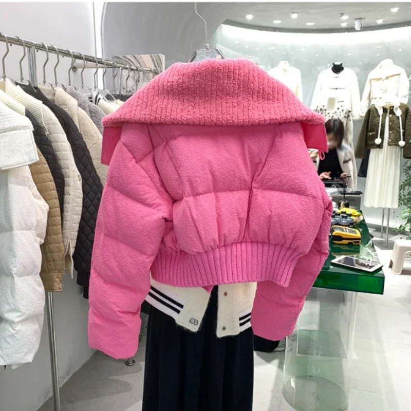 2023 Korean Chic Knit Collar Autumn Winter Coat Women Thickened Puffer Jacket Loose Parka Warm Cotton-padded Jacket Short Coats