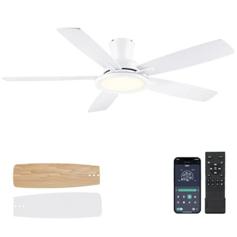 

52In Flush Mount Ceiling Fans with Lights - White Low ProfileCeiling Fan with Remote/APP, Reversible, 3CCT Dimmable, Modern Fan