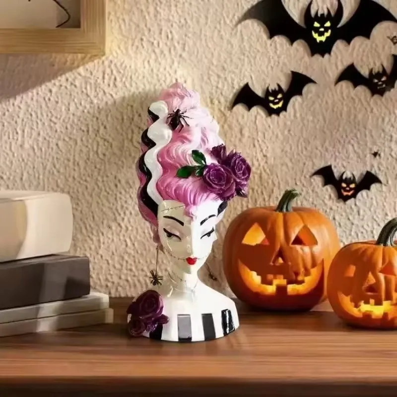 25cm/New Glowing Pink Witch Bust Desktop Ornament Funny Halloween Office Decor With Crystal Ball Base, Novelty Gift For Horror M