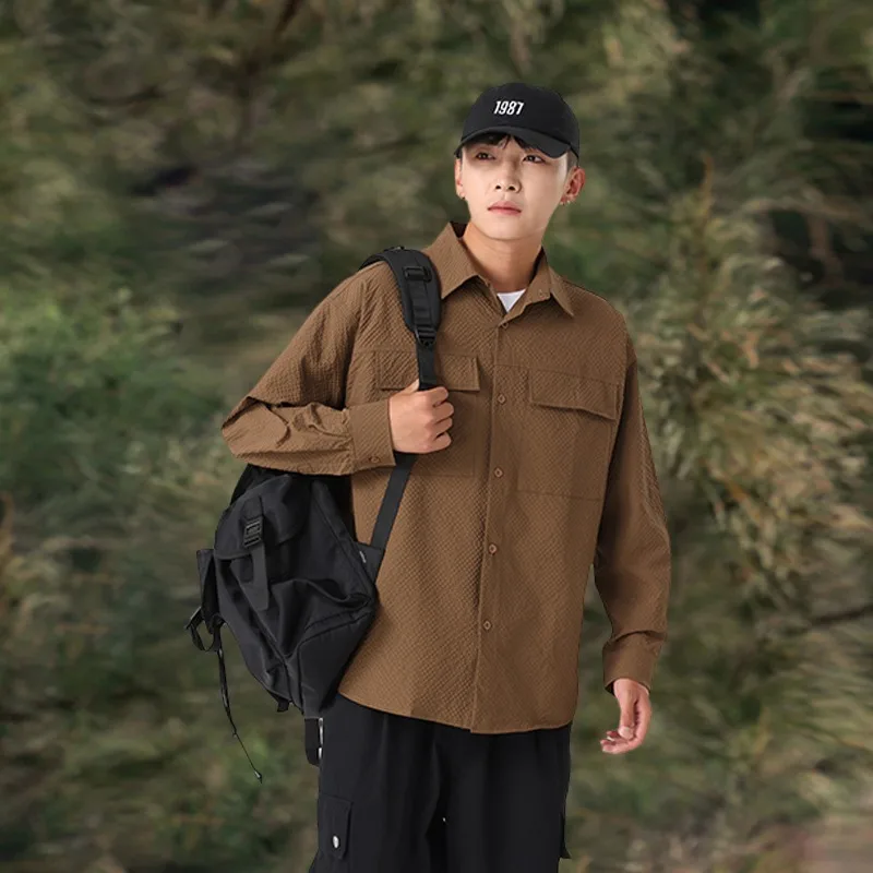 Men's Casual Oversized Brown Textured Shirt Jacket Long Sleeve Button Down Utility Pocket Outdoor Streetwear Top