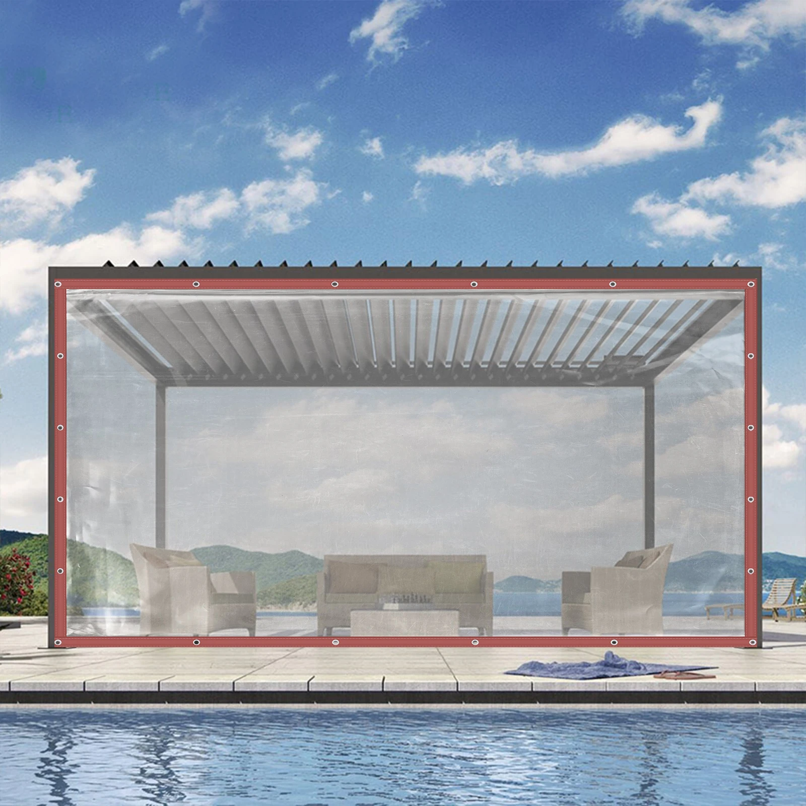 Mult-Size Commercial Durable Rainproof PVC Clear Awning Canopy Curtain Enclosure Patio Roll up Enclosure W/Brown Edge and Grommets 0.5mm Thick (8 * 20FT /2.5 * 6m)