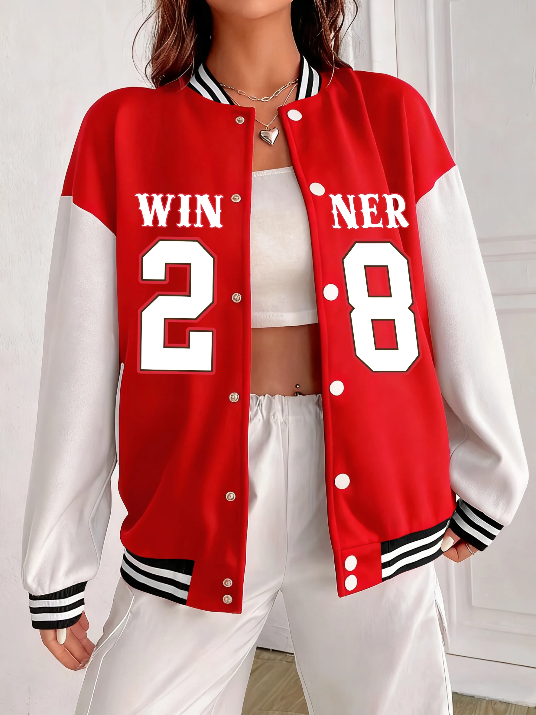 

Бейсбольная форма Winner On The 28th с принтом, женская красочная свободная одежда, хлопковая осенняя куртка, уличная одежда в американском стиле хип-хоп