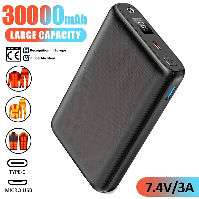 

Portable Power Bank DC7.4V 30000mAh Fast Charging LED Display External Battery For Heated Jacket Vest Socks Heated Clothing