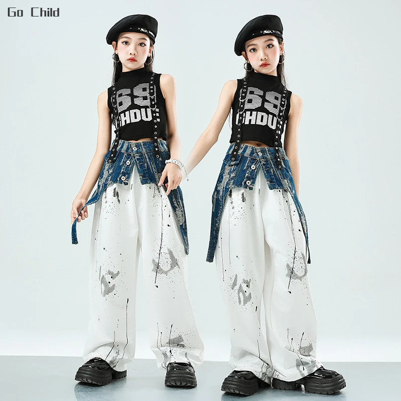 Girls Fashion Streetwear Child Hip Hop High Collar Crop Tank Top Corset Cargo Pants Clothes Sets Kids Street Dance Jazz Costumes