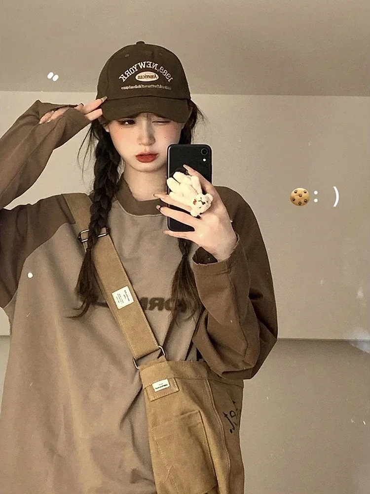 

Deeptown Preppy Vintage Brown Long Sleeve Tshirts Women Harajuku Korean Fashion Patchwork Oversized T Shirts Female Y2K Tops