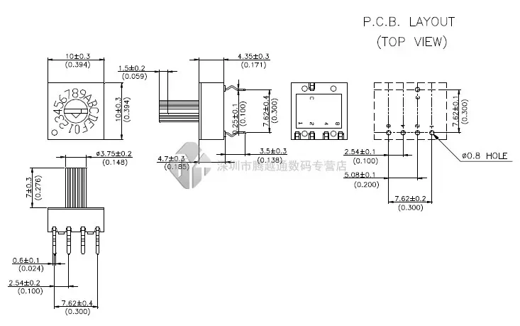 ロータリーエンコーダースイッチ,0-Fハンドル,PCBスイッチ,正コード,4:1, 16ポジション,8421c,バッチあたり5個