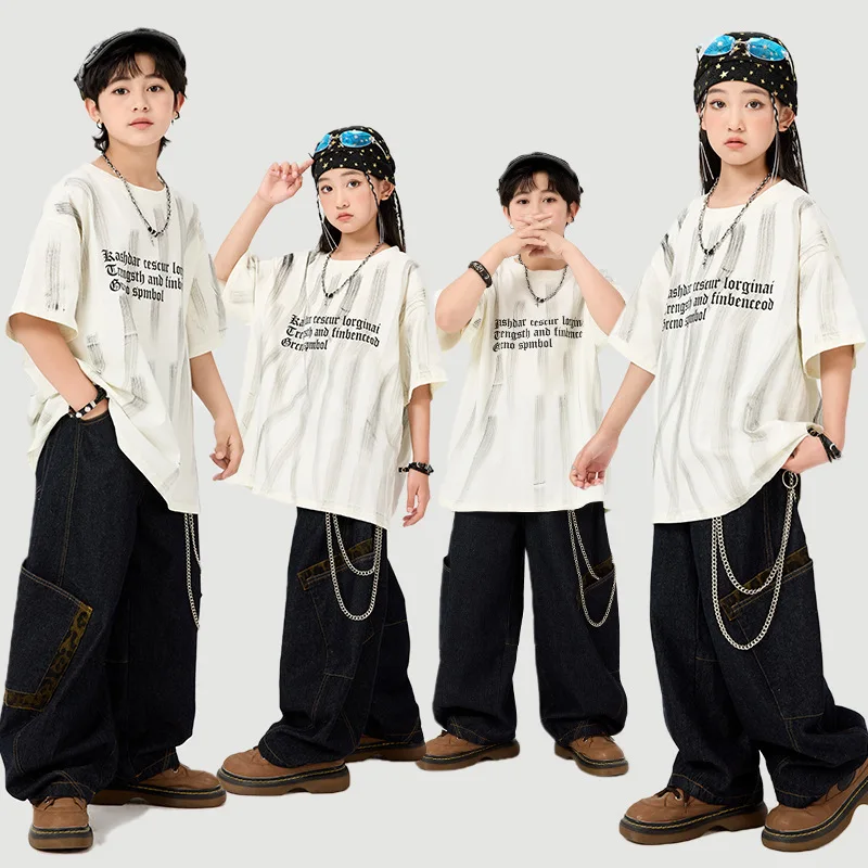 

Kid Kpop Hip Hop Clothing White Print T Shirt Denim Casual Leopard Pocket Jeans Cargo Pants for Girl Boy Dance Costumes Clothes