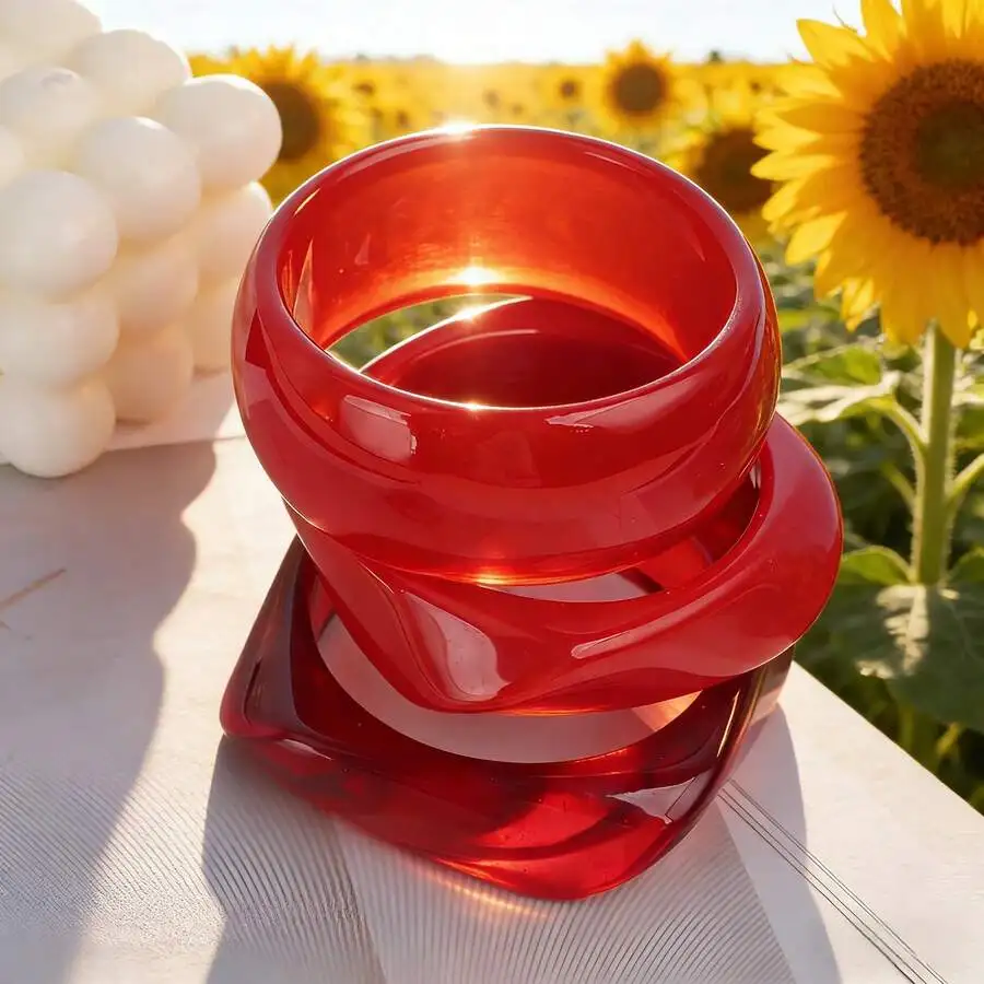 

Exaggerated Geometric Red Acrylic Bracelet Set For Women Bohemian Style