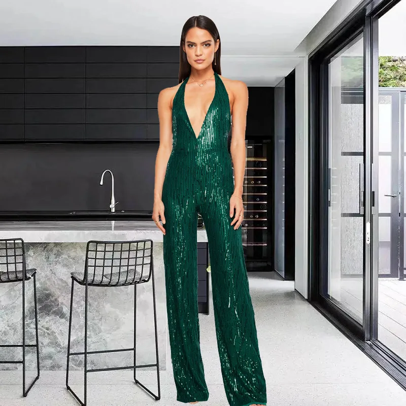 Sexy Deep V Backless Sleeveless Fringe Sparkle Jumpsuits for Women Evening Dress Bodycon Long Party Gowns