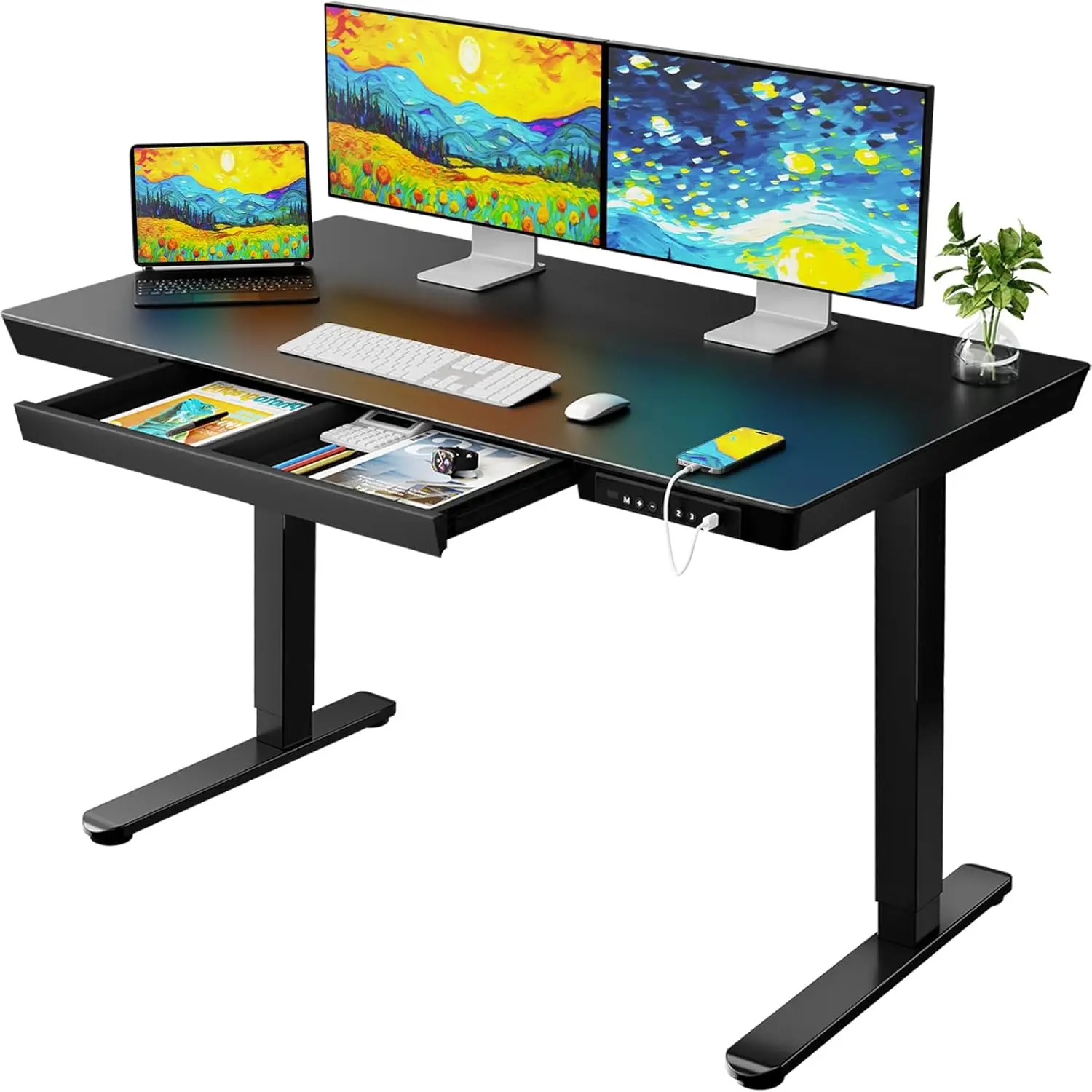 

Standing Desk with Drawer, Glass Top One Piece, 48x24 inch Height Adjustable Desk, Electric Standing Desk with Charging Ports