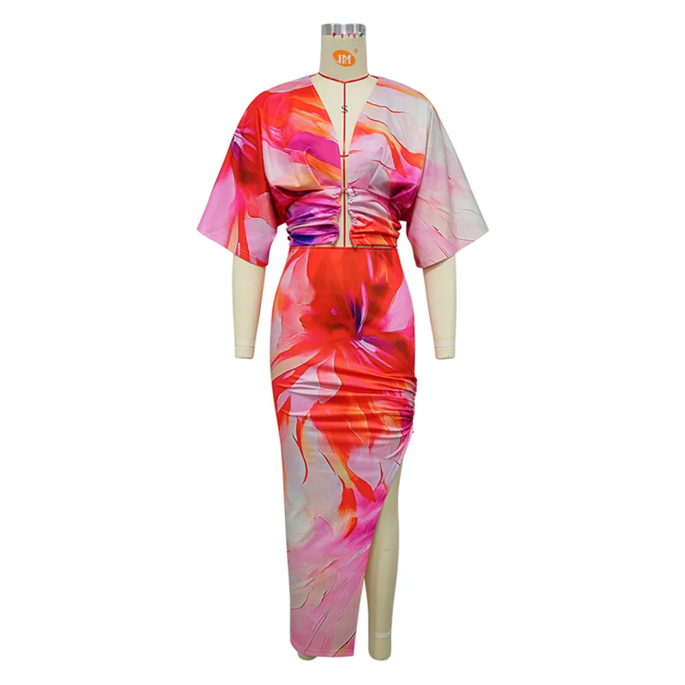 BKLD Women Clothing Summer Fashion Printed Sexy V-Neck Lace-Up Crop Tops Side Split Skirt Sets Two Piece Outfits 2025 New