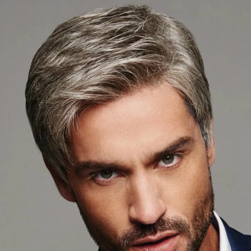 New 's , European and American style, brown-gray side-parted wig for men