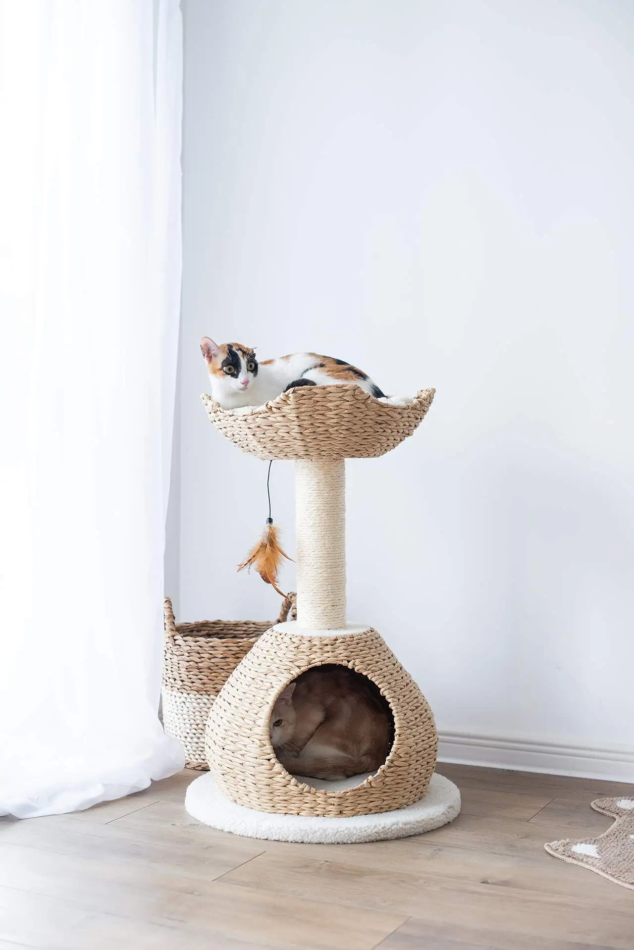 2-Level Cat Tree with Handwoven Paper Rope Condo, Top Basket Bed, Sisal Scratching Post, Removable Washable Cushions