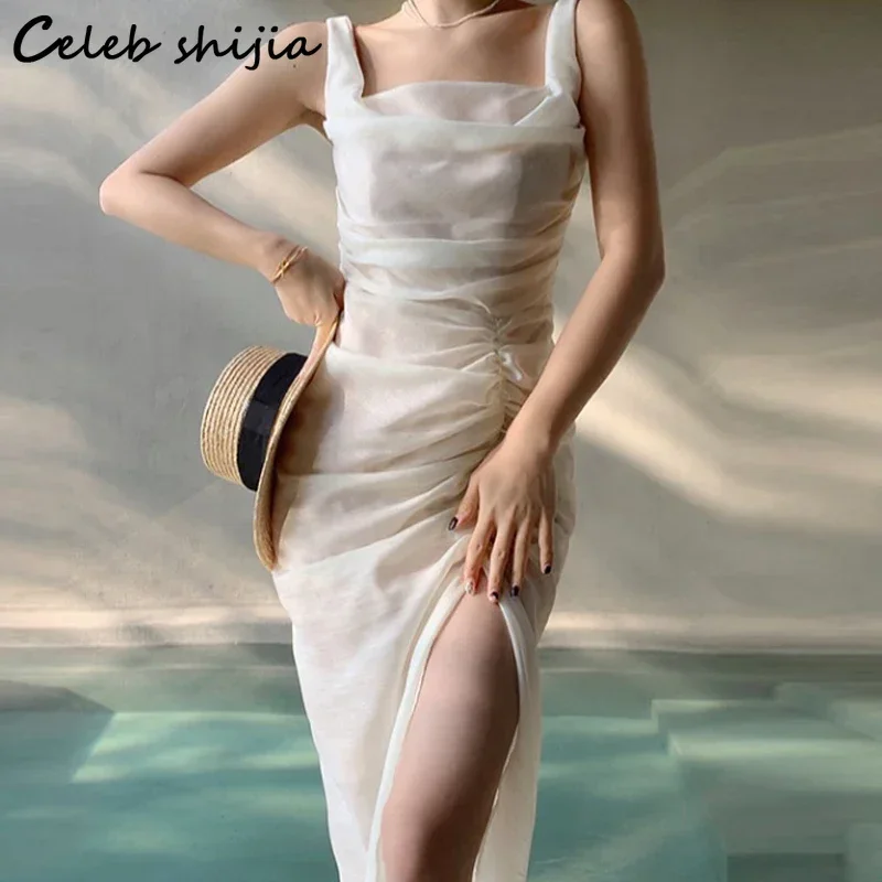 Chic Shirring Dress for Women Vintage Summer Vacation Sleeveless Square Neck Mesh Dress Bodycon High Waist Korean Clothing XL