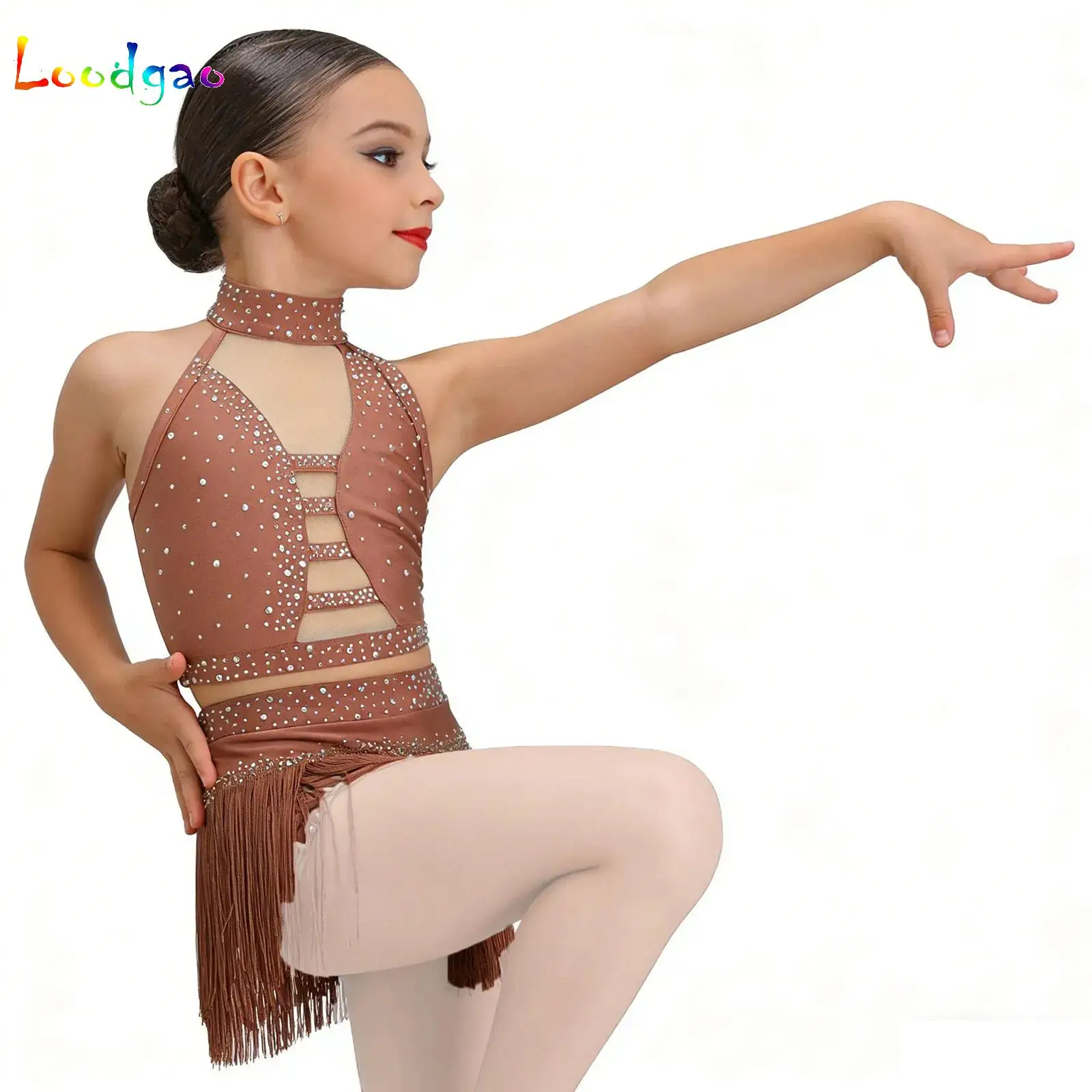 

Kids Girls Latin Dance Outfit Sleeveless Crisscross Back Crop Top with Tassels Briefs Skirt Set for Samba Rumba Cha-Cha Dance
