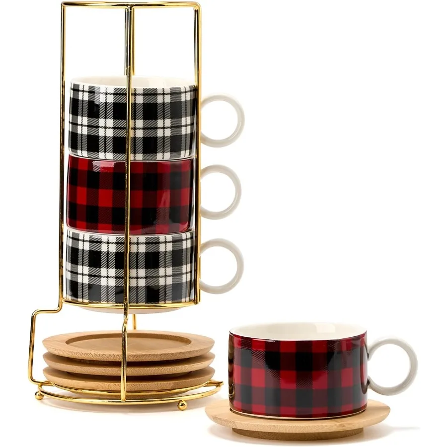 

Stackable Porcelain Espresso Cup Set with Metal Stand for Serving Latte Coffee Cappuccino Mocha and Tea 6 Ounce Ceramic Demitas