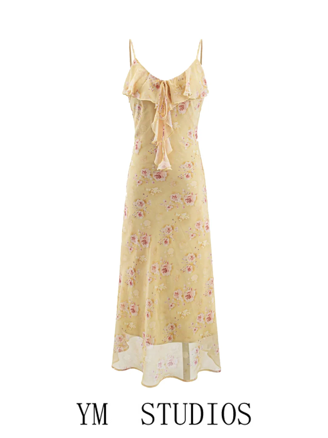 Yellow Floral Print Halter Dress Women's Summer Long Skirt Gauze Fabric French Style A-Line Skirt V-Neck Sleeveless Gathers