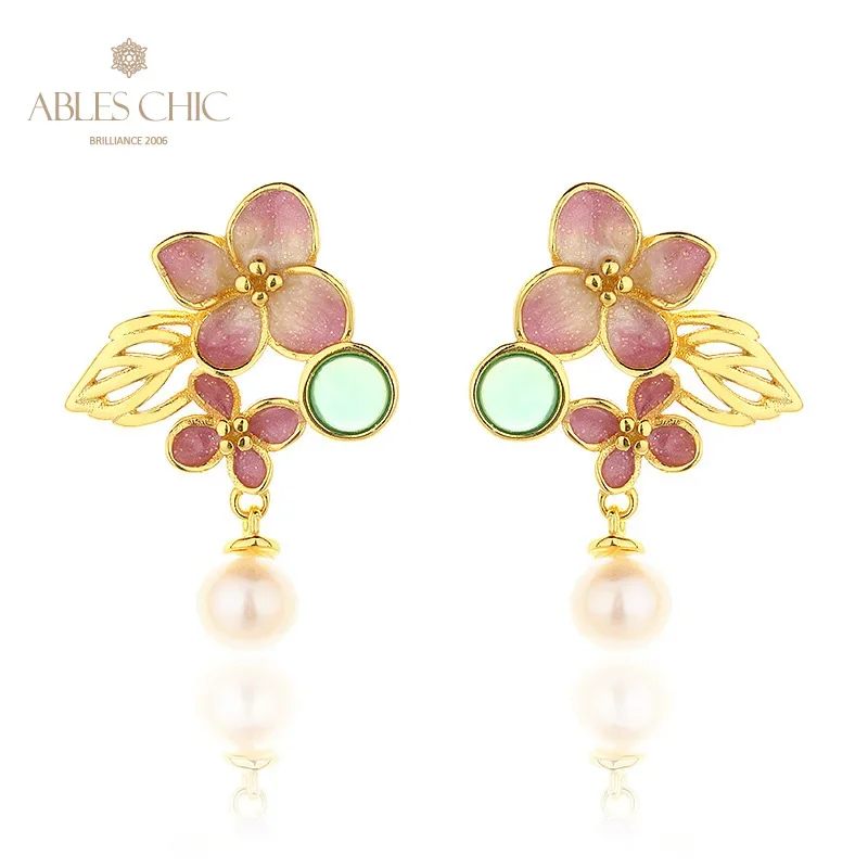 AC Freshwater Pearls 5-5.5mm Agate 4mm Flower Chandelier  Solid 925 Silver Enamel Floral Drop Earrings PE1046